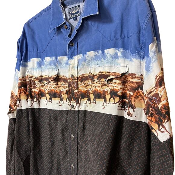 🐂 Roper Western Cattle Print Pearl Snap Shirt – Blue – Size L - Picture 3 of 10